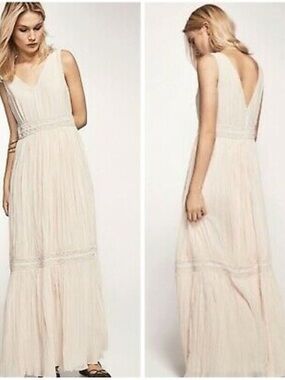 Massimo Dutti Ivory Pleated Maxi Dress Crochet Trim Sleeveless US 6